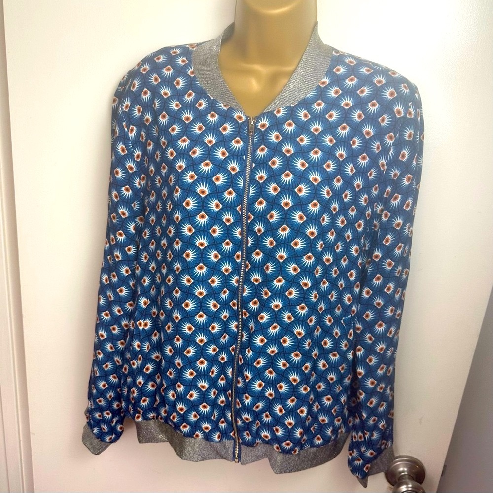 It Hippie Navy Blue & Orange Artsy Print Tencel Viscose Blend Boho Jacket NWOT M